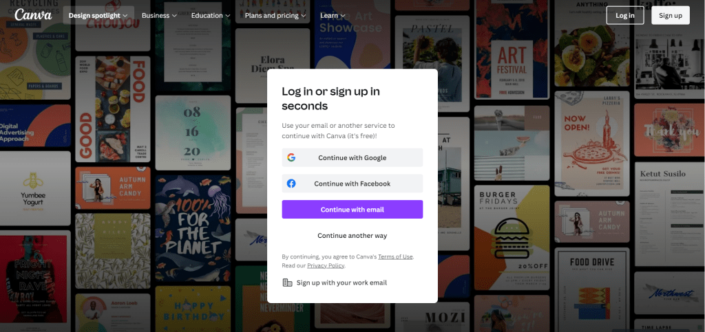 Canva sign up page