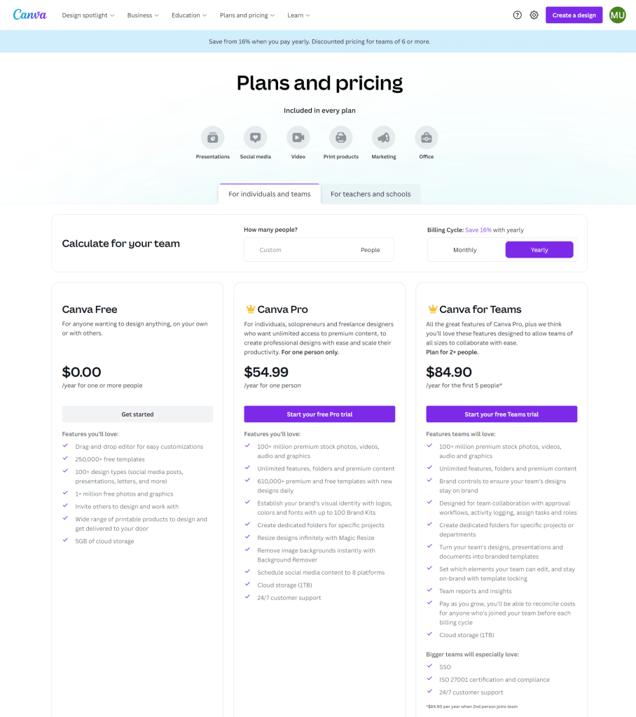 canva plans and pricing