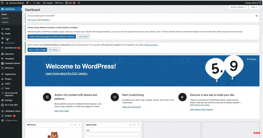 WordPress admin panel interface